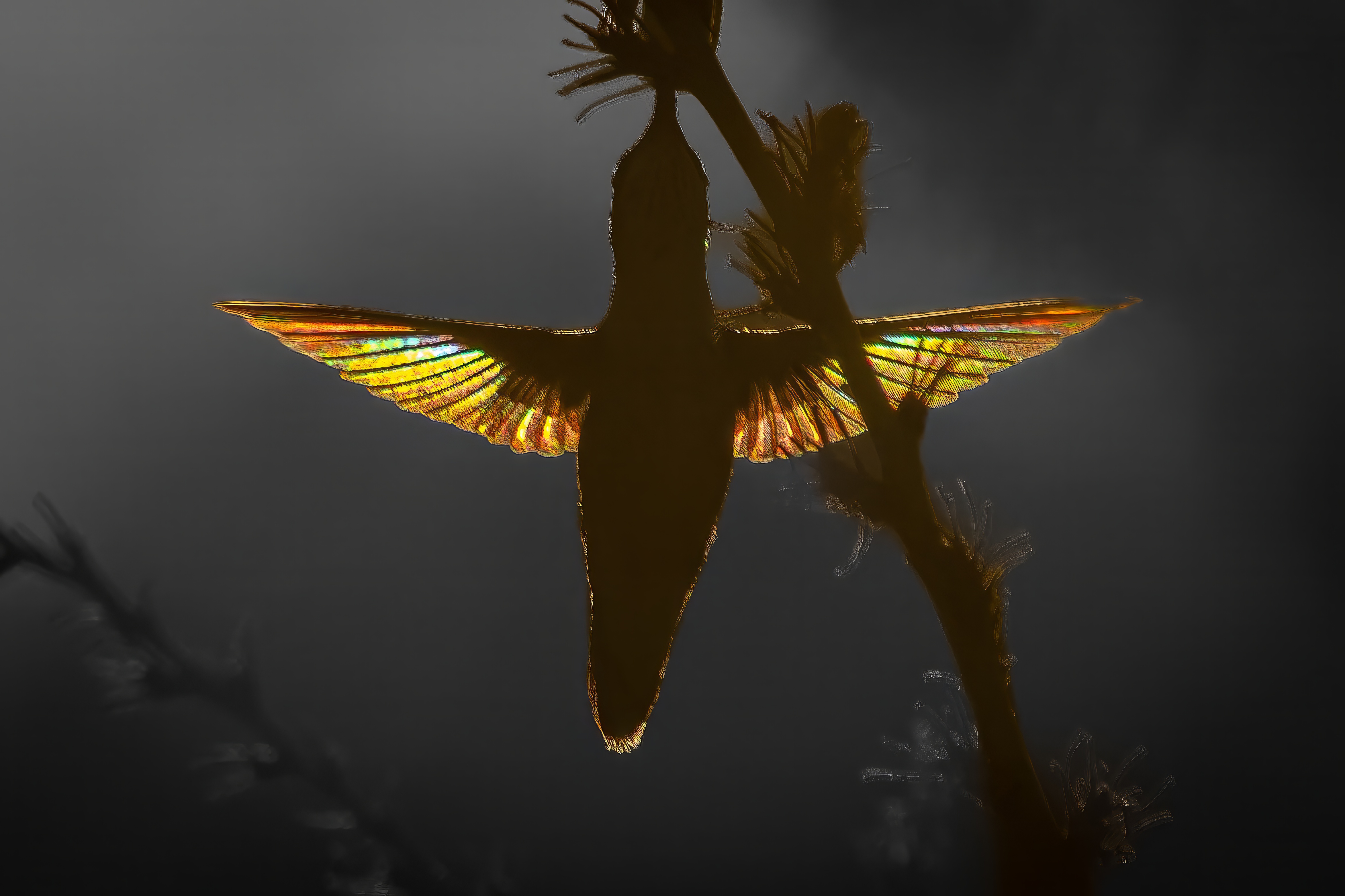 When light, motion, angles and patience all come together, the results is a visually mesmerizing hummingbird silhouetted, with 'stained glass wings'.
