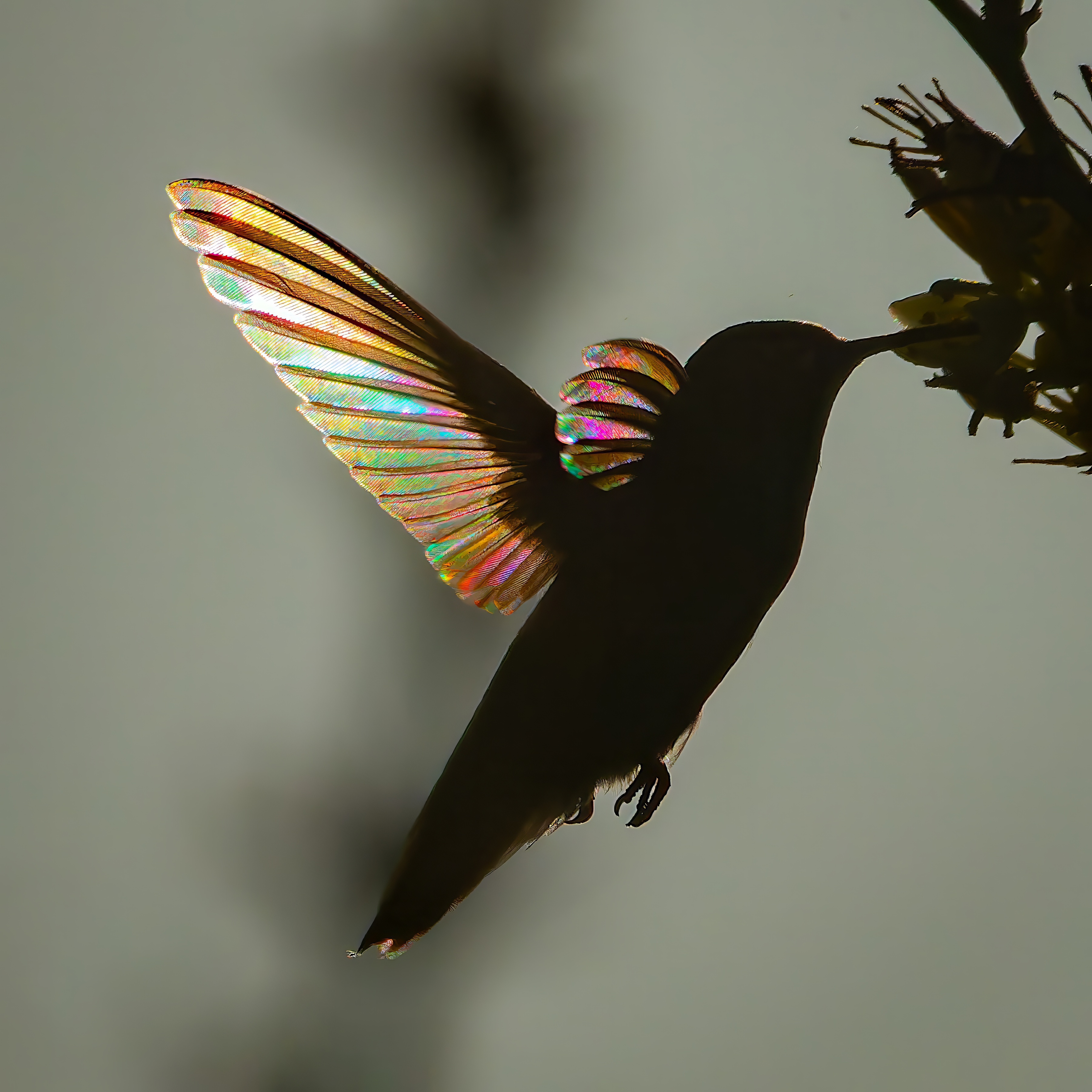When light, motion, angles and patience all come together, the result is a visually mesmerizing capture of a silhouetted hummingbird with 'stained glass wings'.