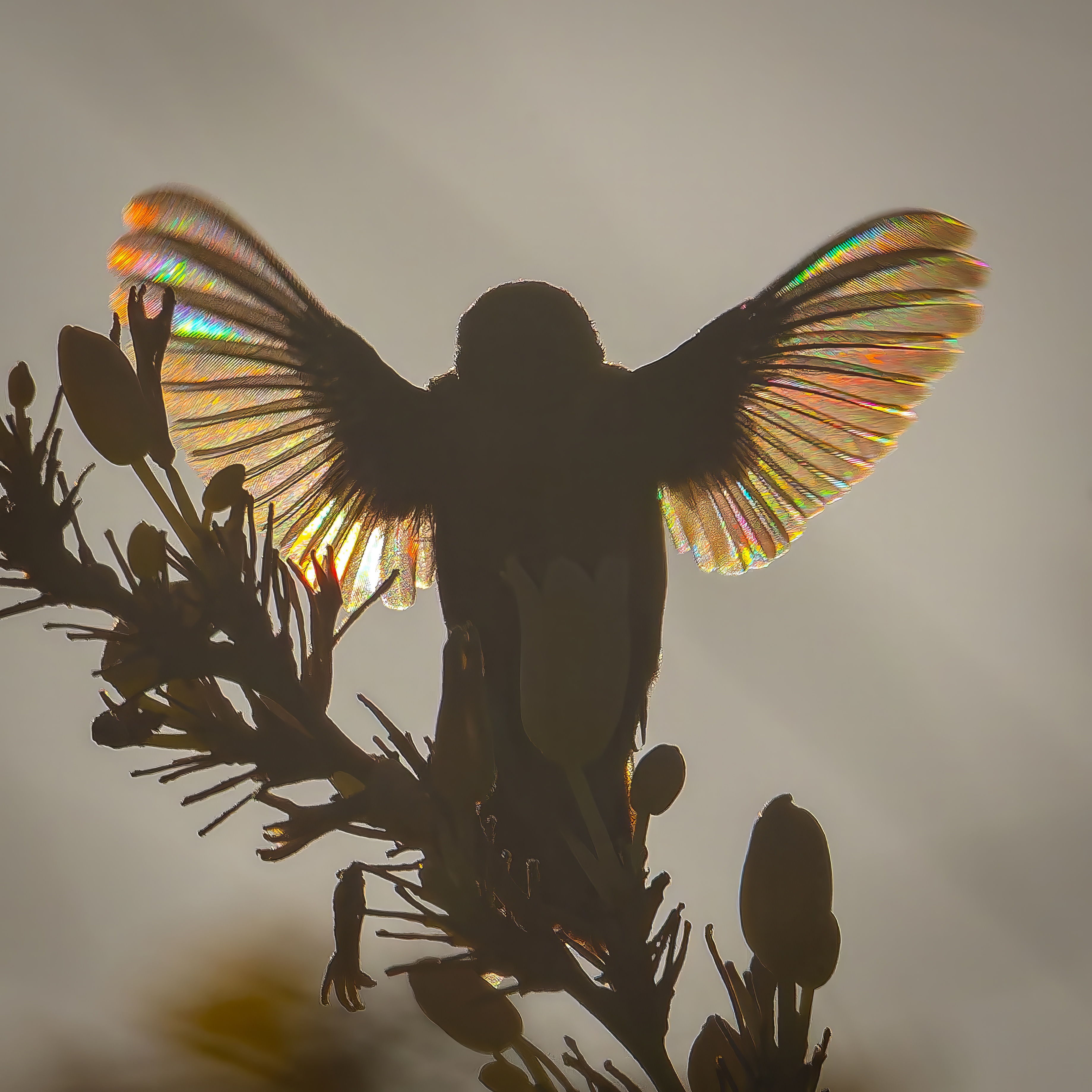 When light, motion, angles and patience all come together, the result is a visually mesmerizing capture of a silhouetted hummingbird with 'stained glass wings'.